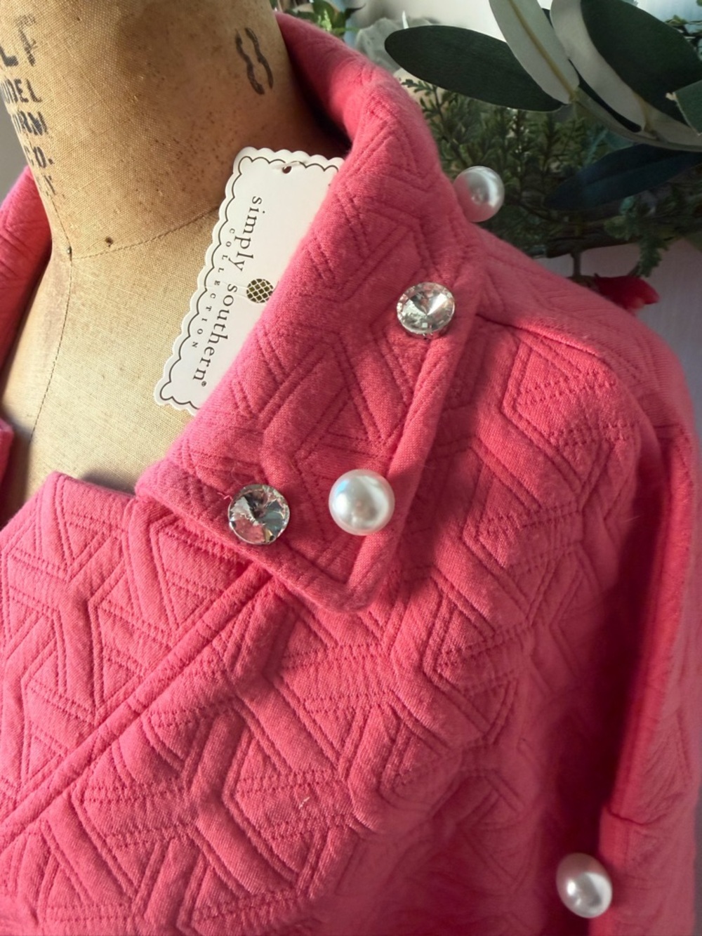 Simply Southern Collection Quilted Pullover NWT Pink Pearl Studded Sweatshirt M - Picture 2 of 7